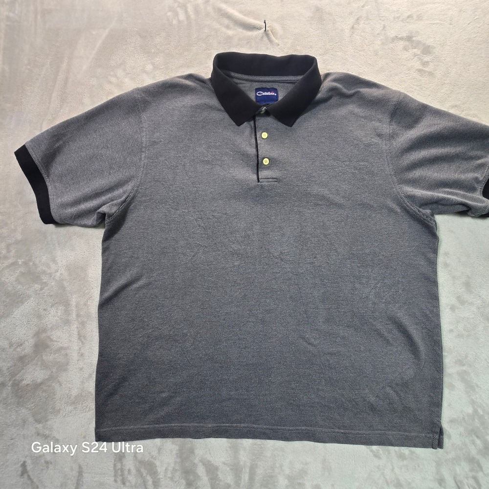 Catalina Mens XL Polo Shirt Gray Black Micro Check Short Sleeve Cotton Blend